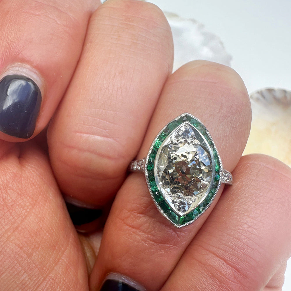 Vintage Platinum Emerald & Diamond Ring