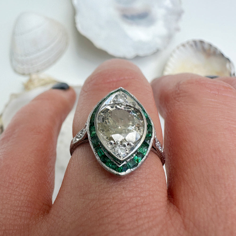 Vintage Platinum Emerald & Diamond Ring