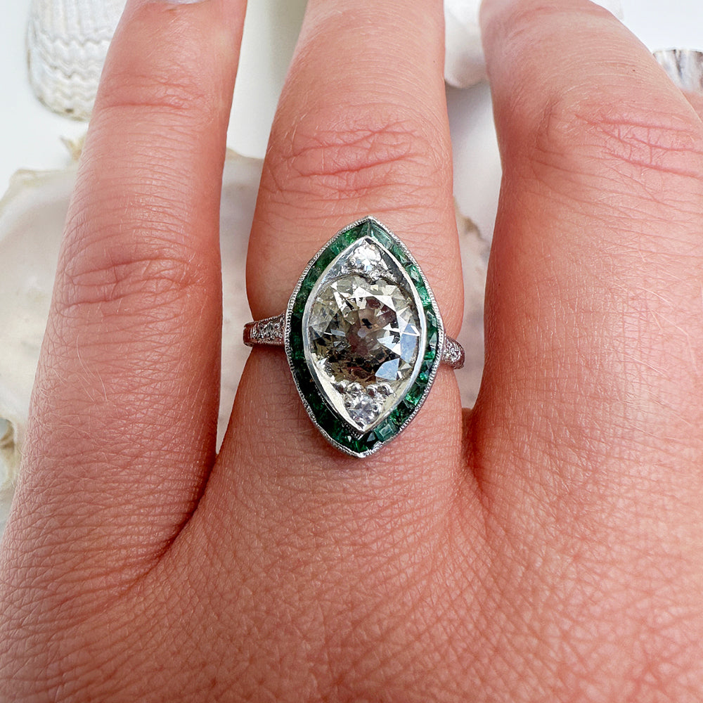 Vintage Platinum Emerald & Diamond Ring