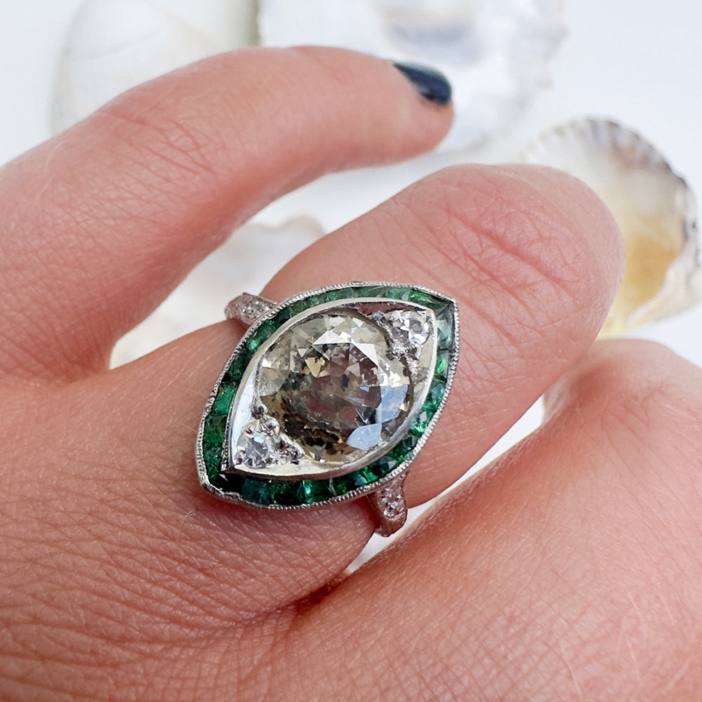 Vintage Platinum Emerald & Diamond Ring