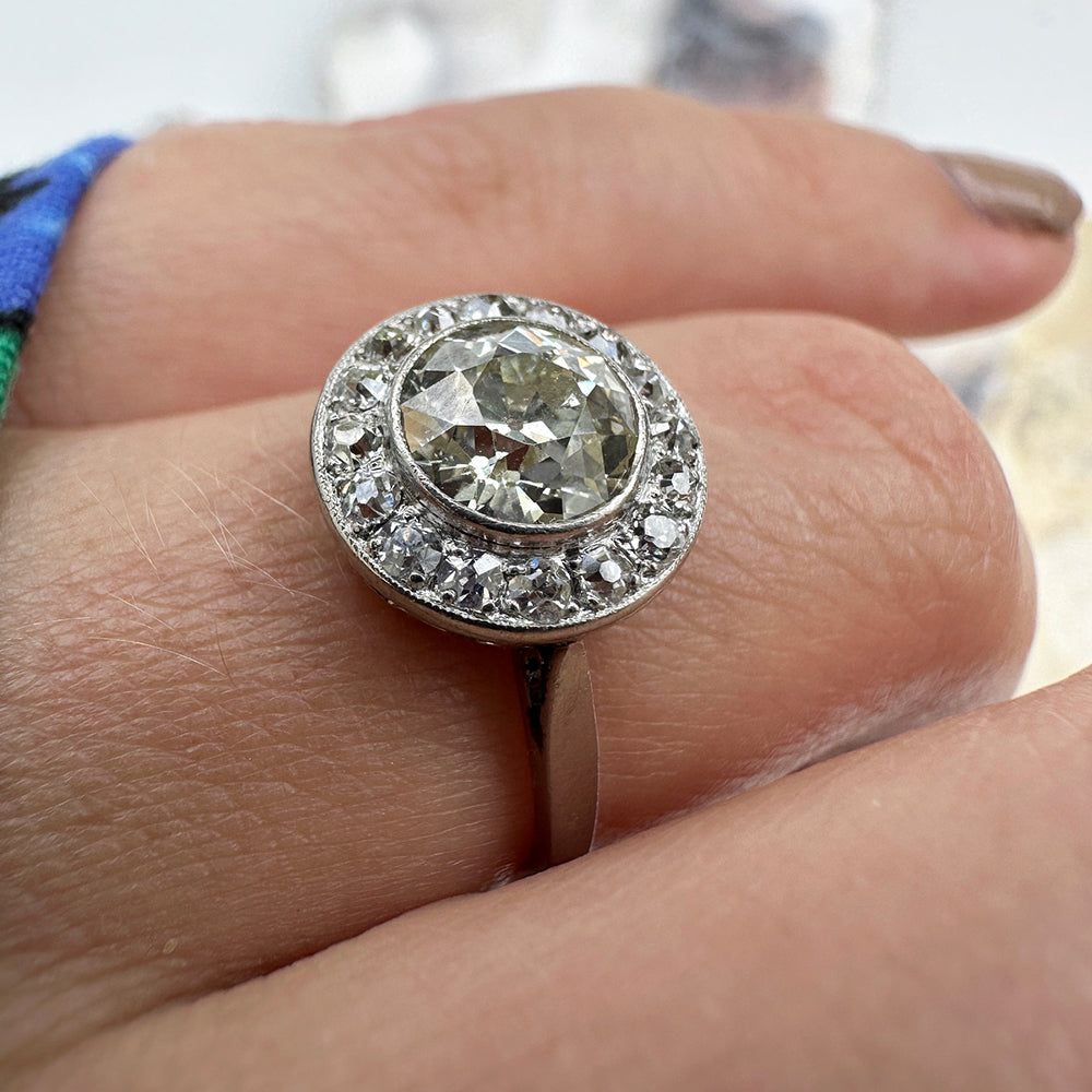 Platinum Vintage Champagne Diamond Cluster Ring