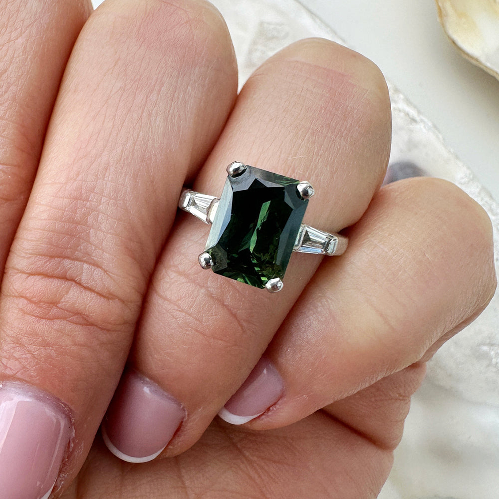 Vintage Green Sapphire & Diamond Trilogy Ring