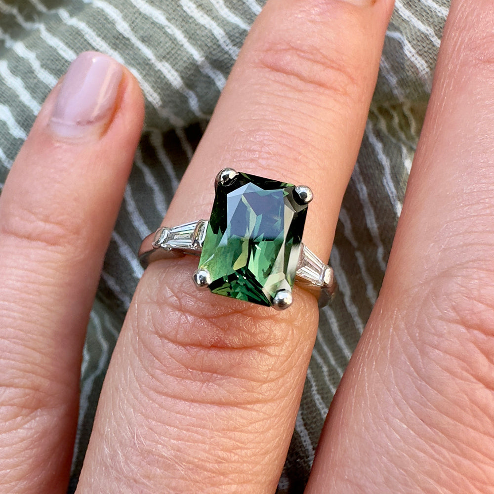 Vintage Green Sapphire & Diamond Trilogy Ring