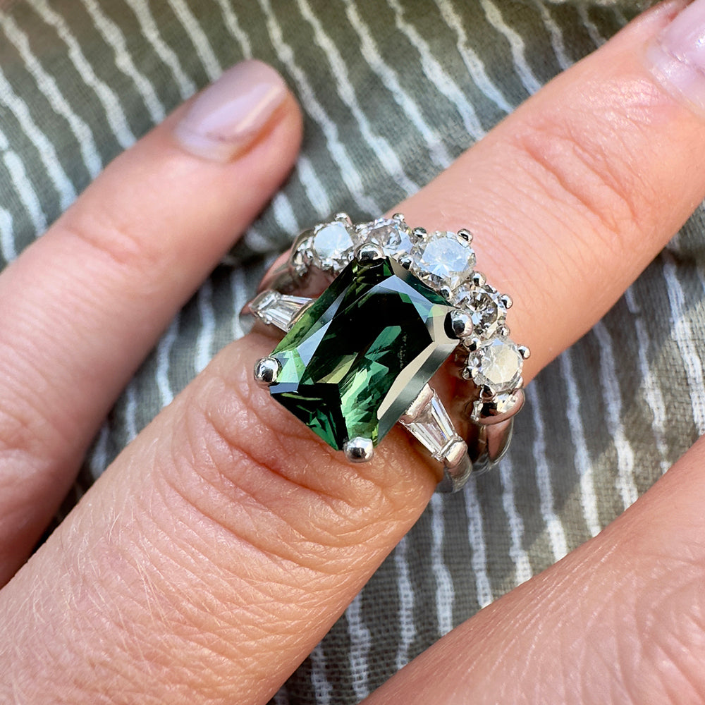 Vintage Green Sapphire & Diamond Trilogy Ring