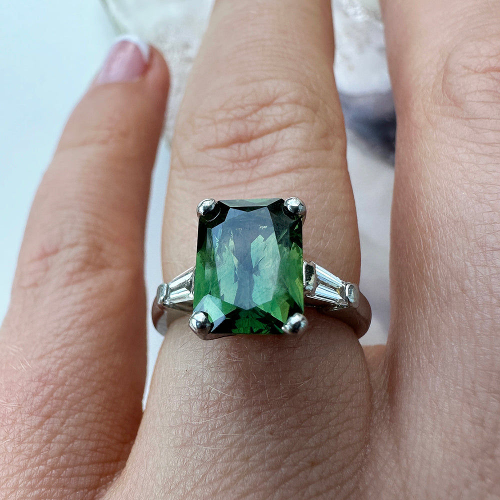 Vintage Green Sapphire & Diamond Trilogy Ring
