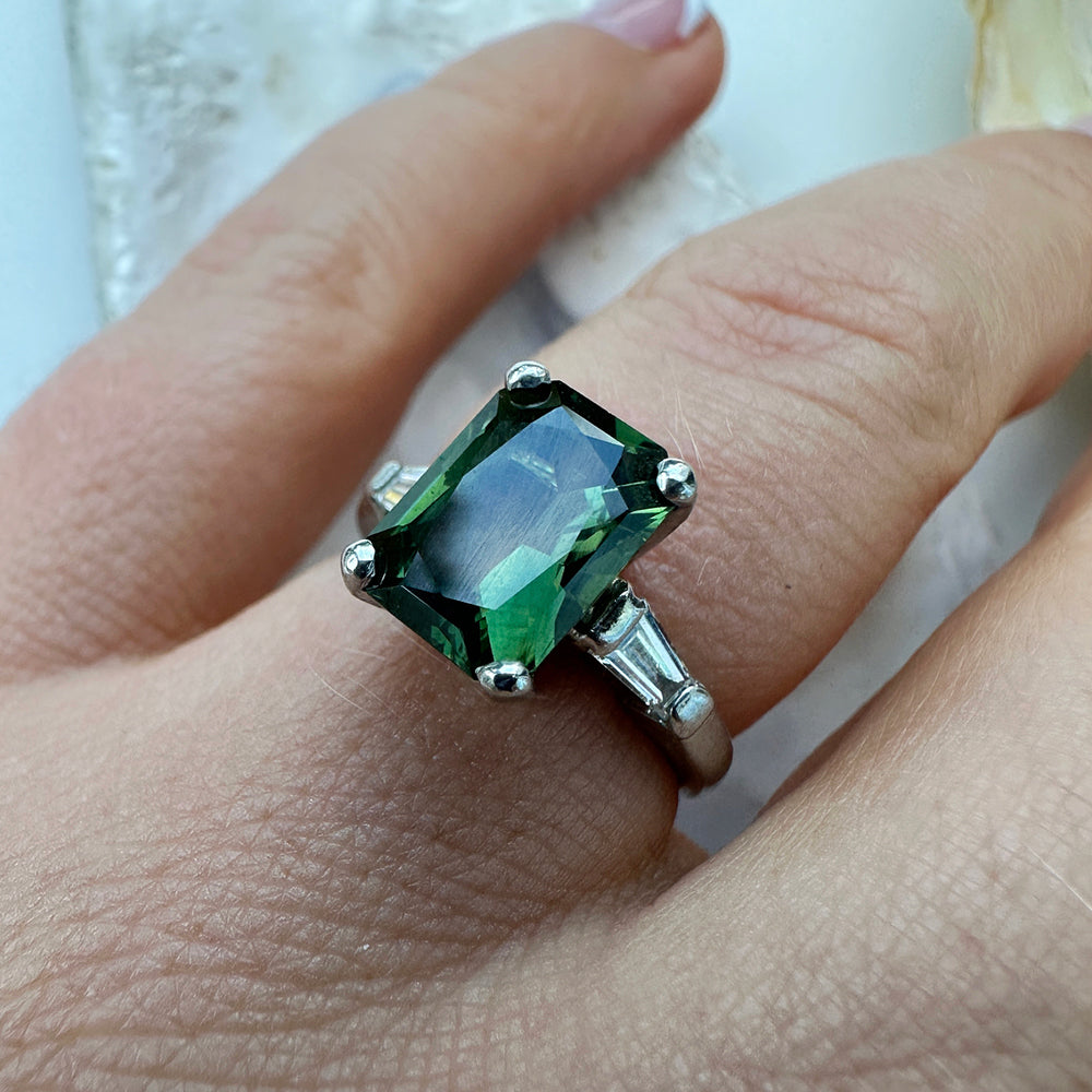 Vintage Green Sapphire & Diamond Trilogy Ring