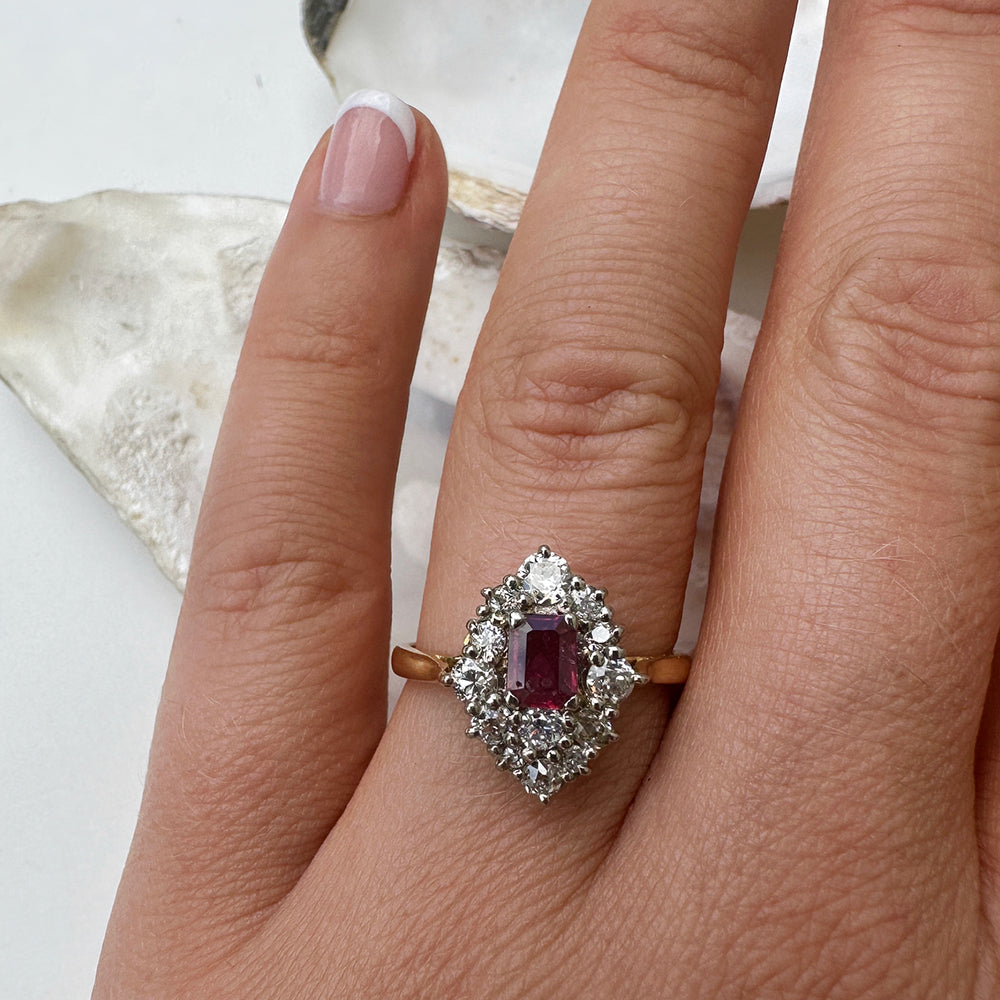 1988 Vintage Ruby & Diamond Cluster Ring