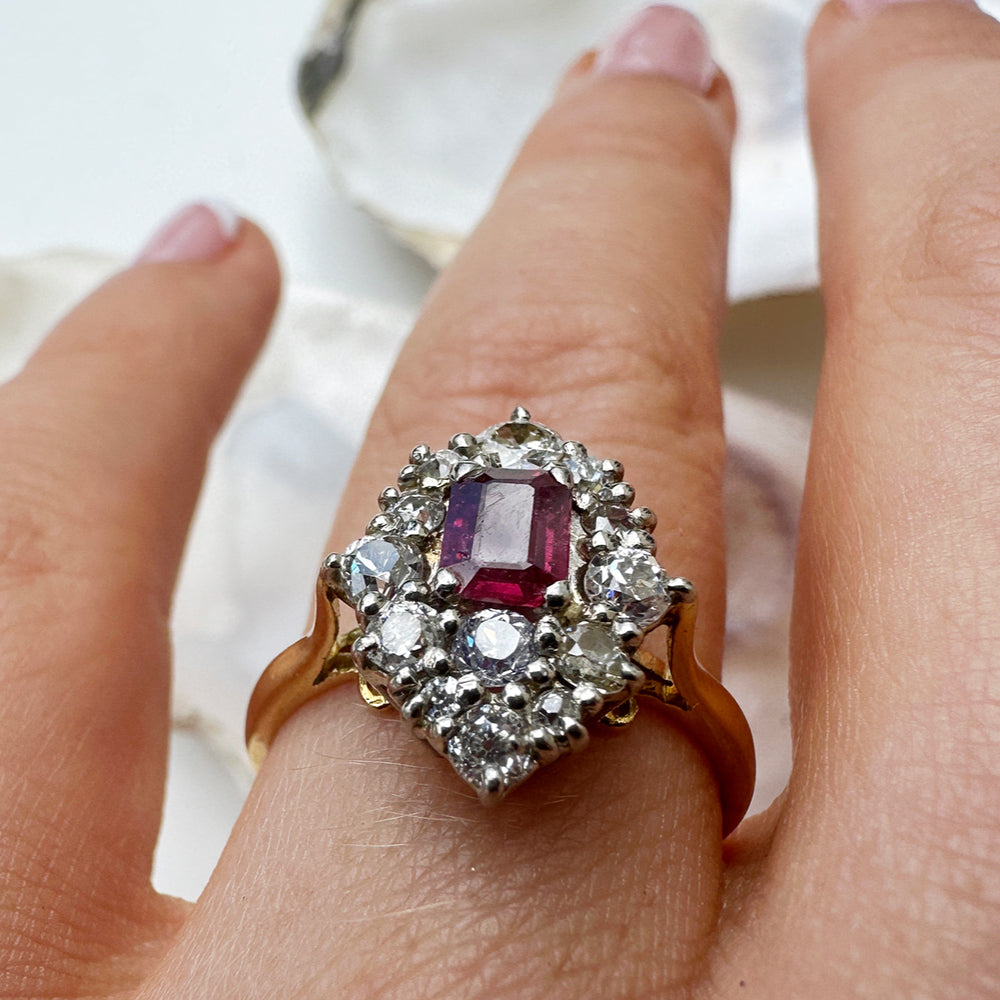 1988 Vintage Ruby & Diamond Cluster Ring