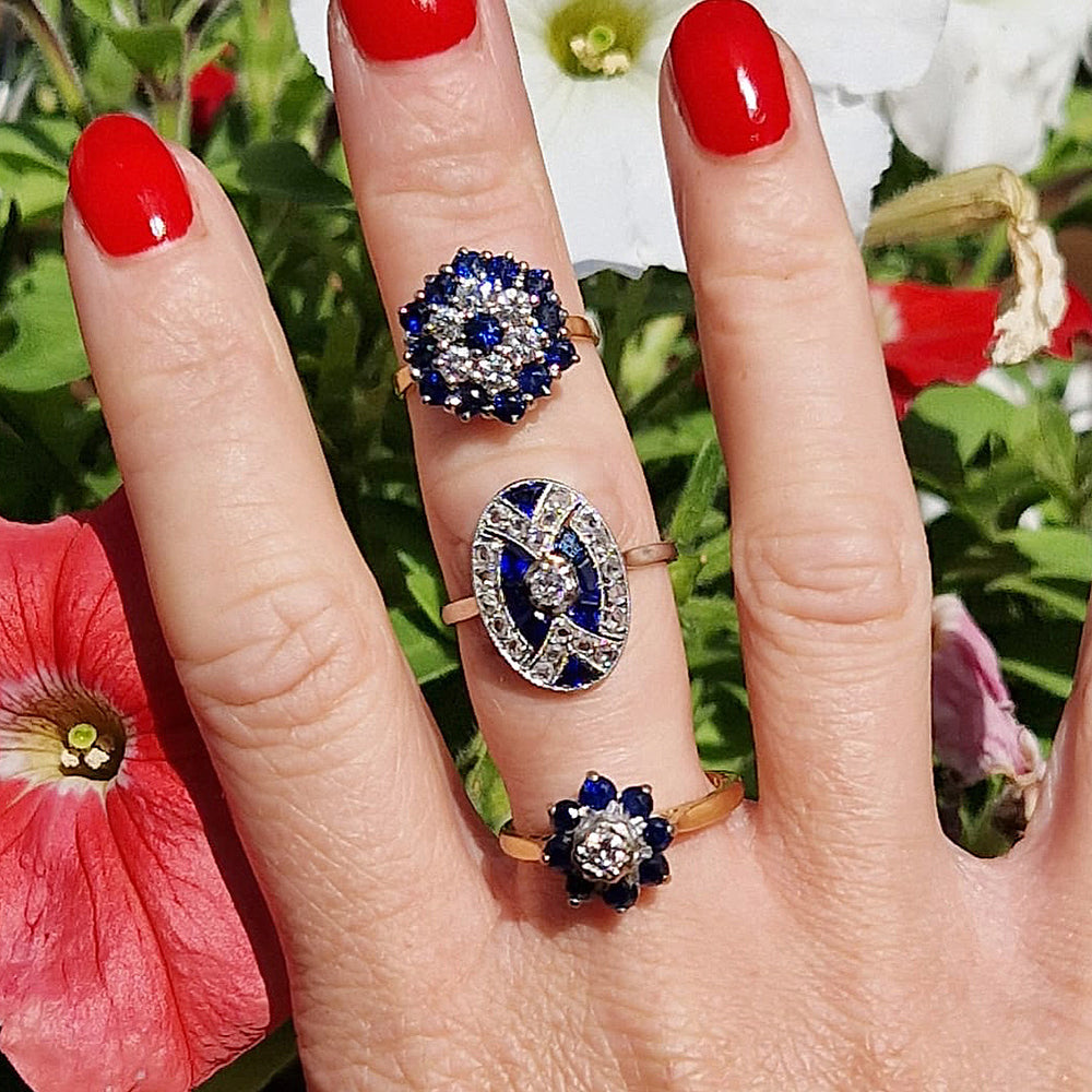 c1950's Vintage Sapphire & Diamond Cluster Ring