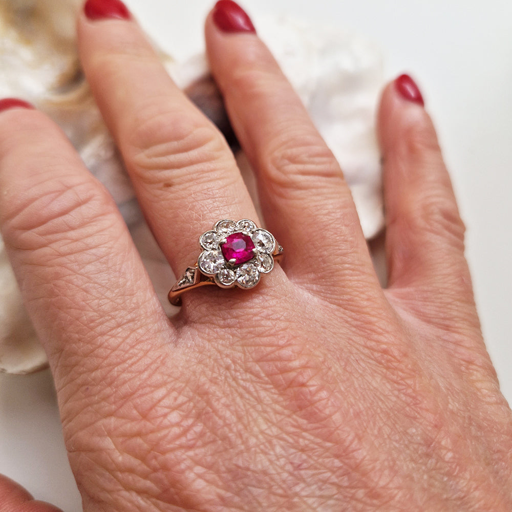 Vintage Ruby & Diamond Daisy Cluster Ring