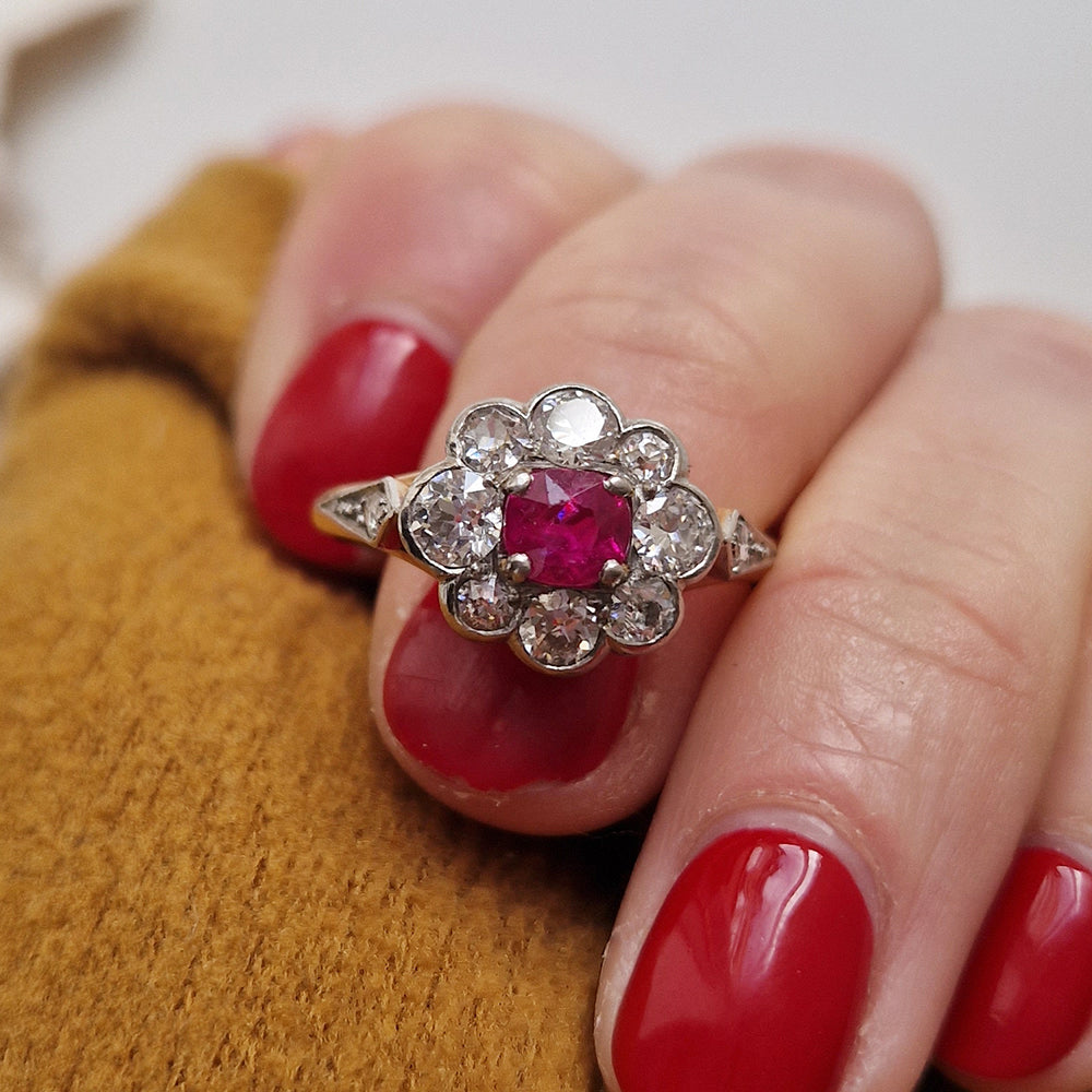 Vintage Ruby & Diamond Daisy Cluster Ring
