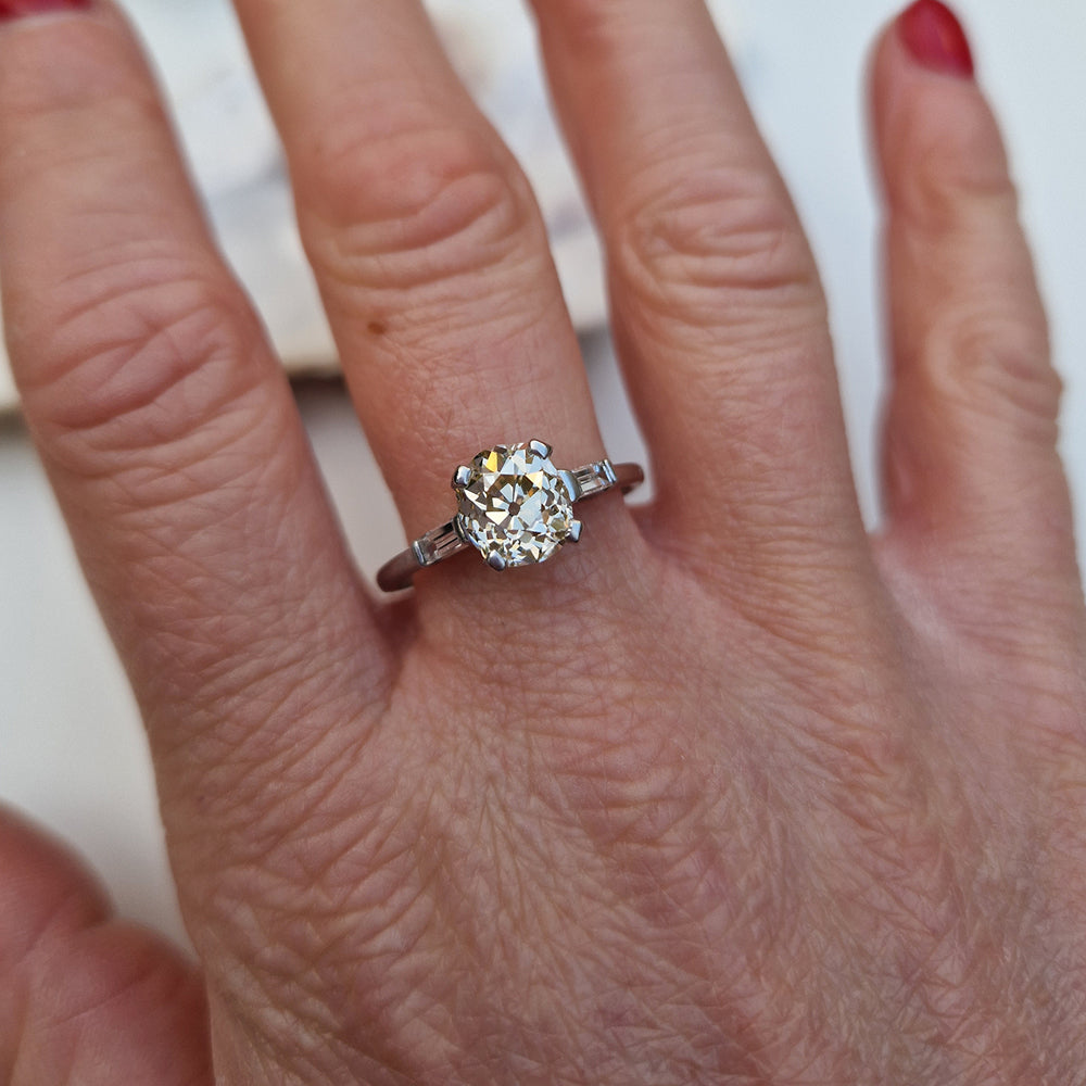 Antique Platinum Old European Cut Diamond Solitaire w/ Baguette Diamond Shoulders