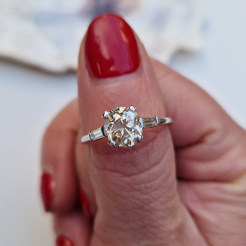 Antique Platinum Old European Cut Diamond Solitaire w/ Baguette Diamond Shoulders