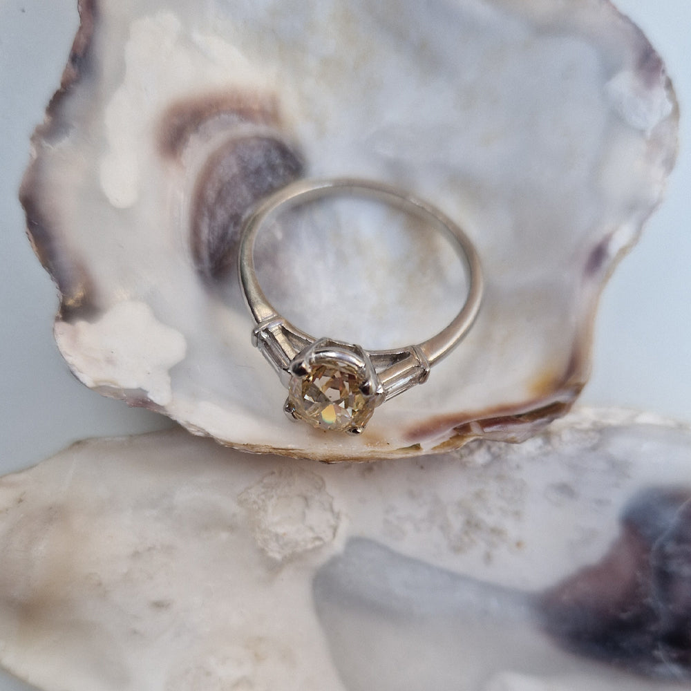 Antique Platinum Old European Cut Diamond Solitaire w/ Baguette Diamond Shoulders