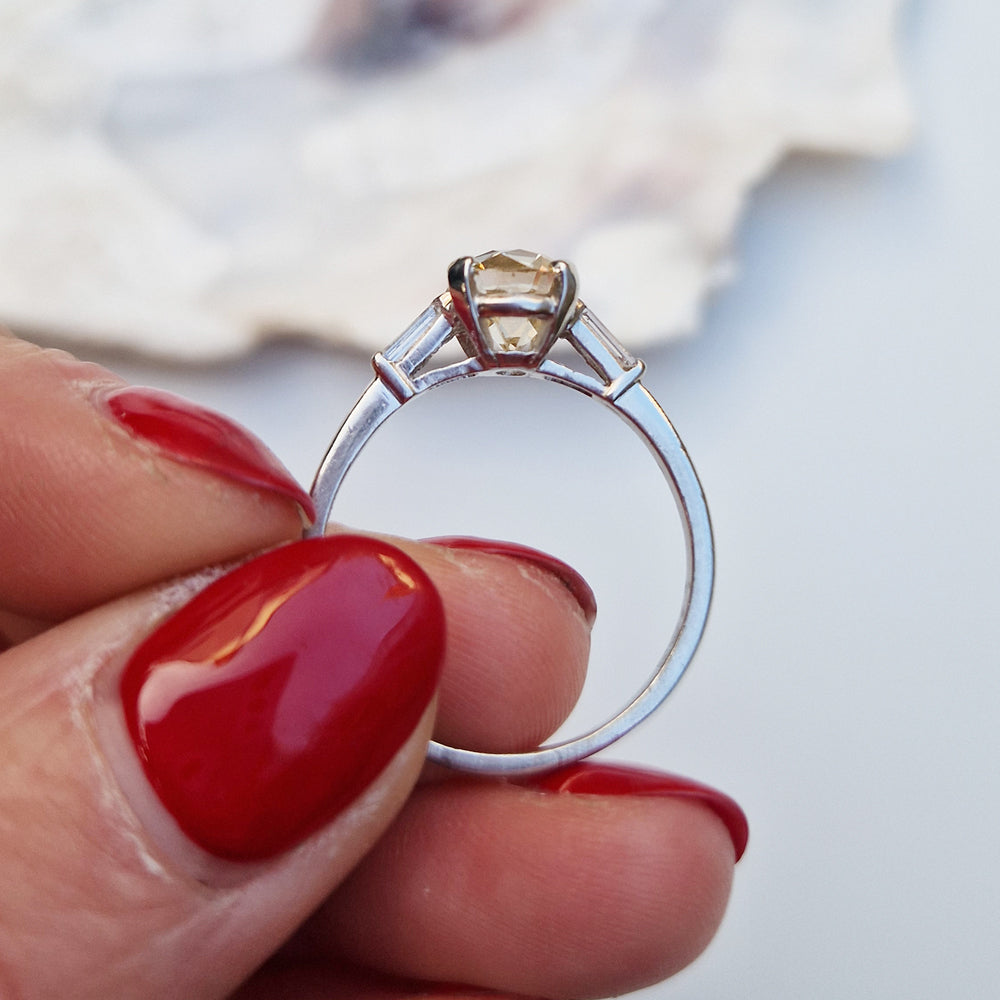 Antique Platinum Old European Cut Diamond Solitaire w/ Baguette Diamond Shoulders