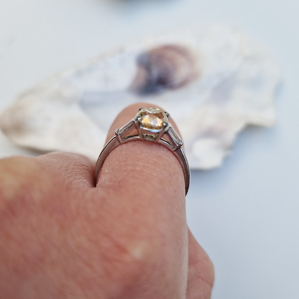 Antique Platinum Old European Cut Diamond Solitaire w/ Baguette Diamond Shoulders