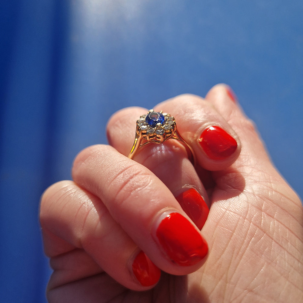 Vintage Marquise Cut Sapphire & Diamond Cluster Ring