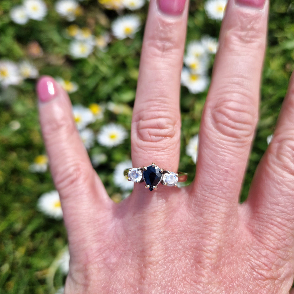 Vintage Pear Cut Sapphire & Cubic Zirconia Trilogy Ring
