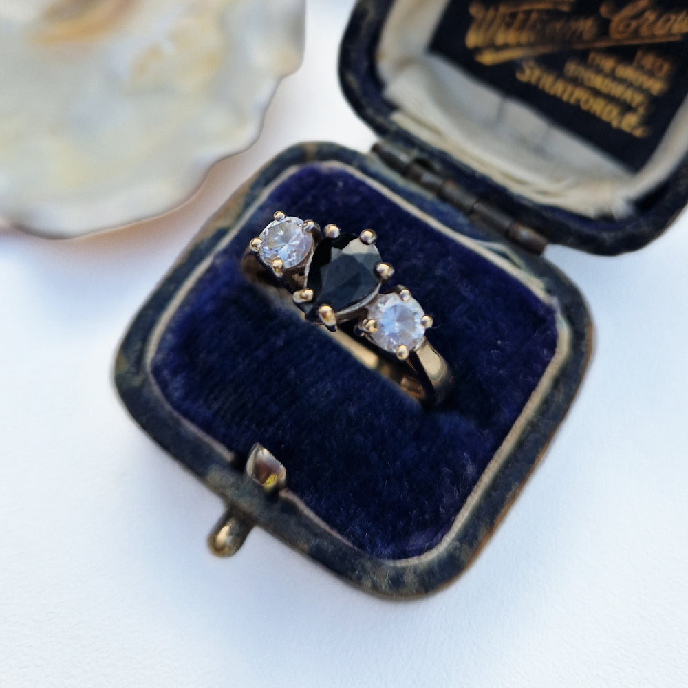 Vintage Pear Cut Sapphire & Cubic Zirconia Trilogy Ring