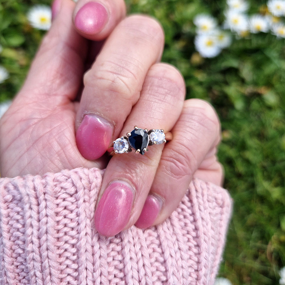 Vintage Pear Cut Sapphire & Cubic Zirconia Trilogy Ring