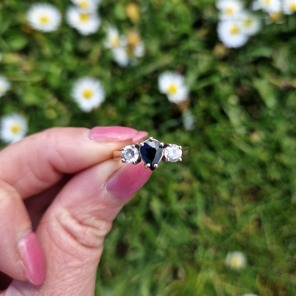 Vintage Pear Cut Sapphire & Cubic Zirconia Trilogy Ring