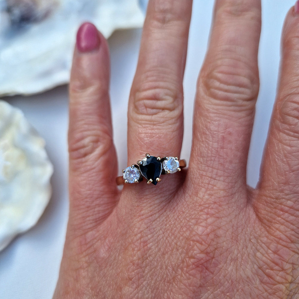 Vintage Pear Cut Sapphire & Cubic Zirconia Trilogy Ring