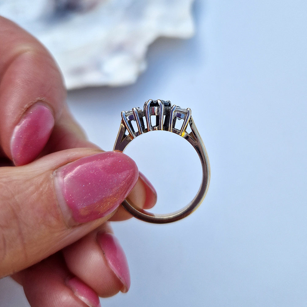 Vintage Pear Cut Sapphire & Cubic Zirconia Trilogy Ring