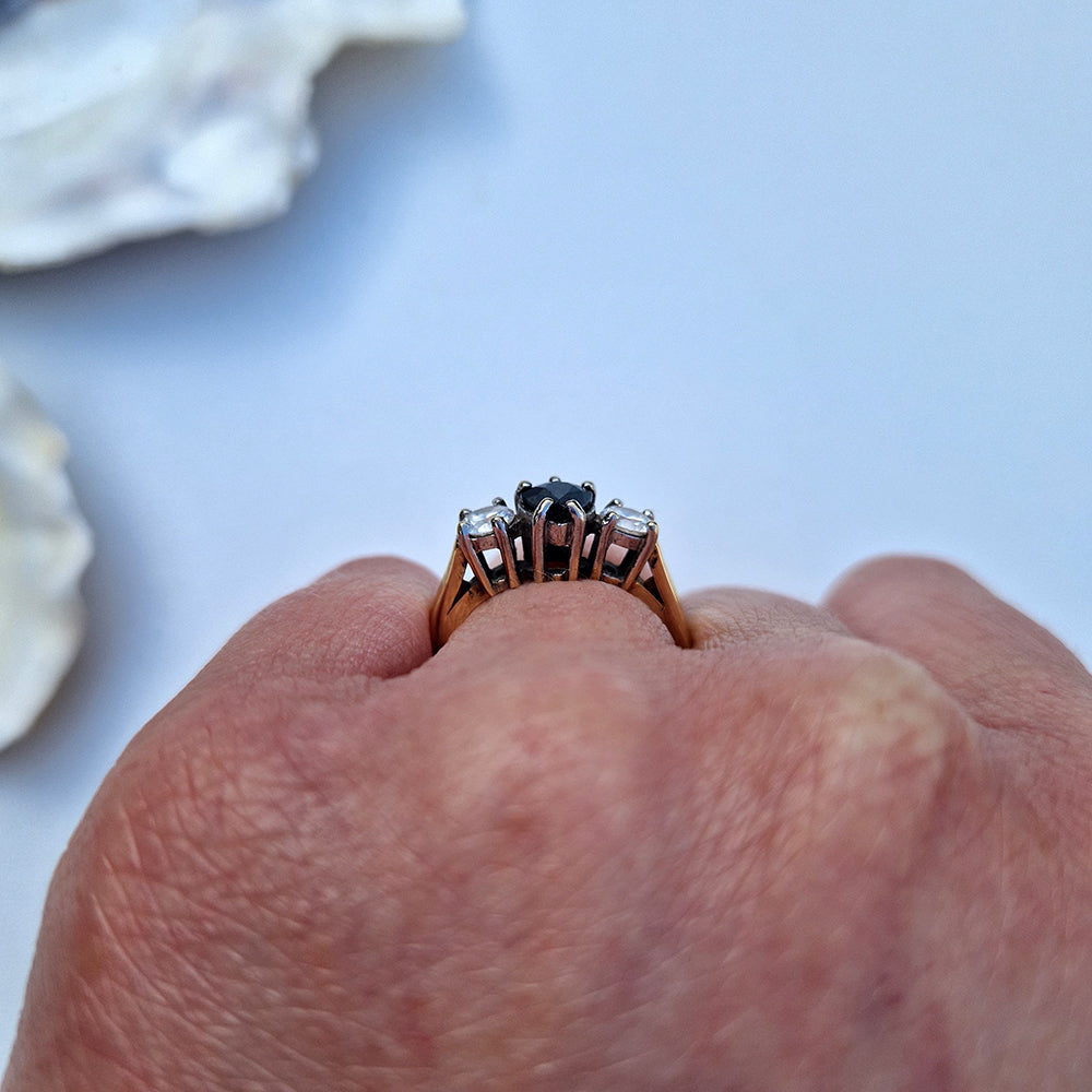 Vintage Pear Cut Sapphire & Cubic Zirconia Trilogy Ring