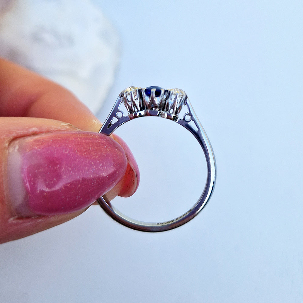 Antique Sapphire & Old European Cut Diamond Trilogy Ring