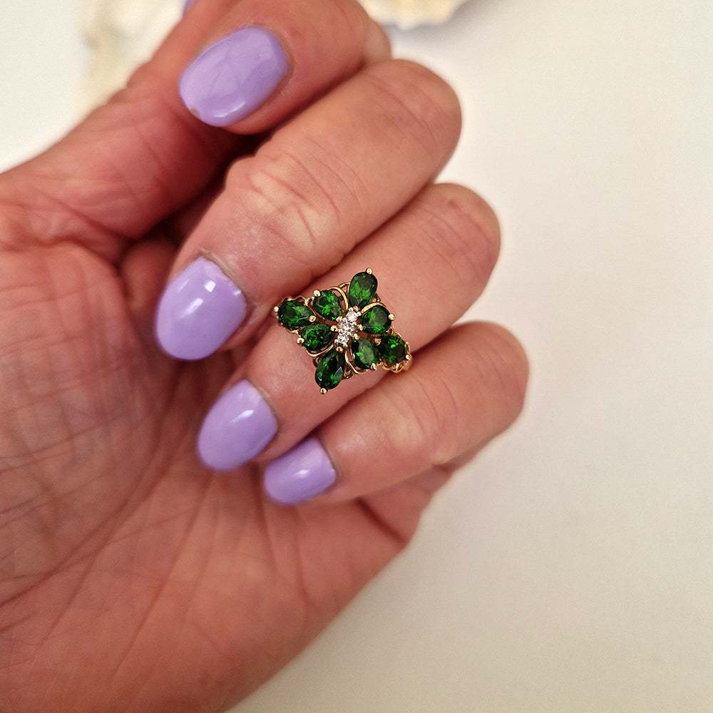 Vintage Green Tourmaline & Diamond Floral Cluster Ring