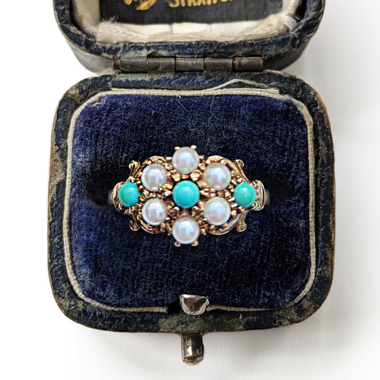 c1980's Vintage Pearl & Turquoise Cluster Ring