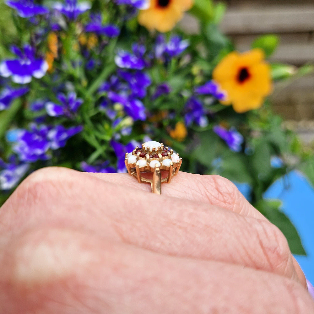 1975 Vintage Opal & Garnet Floral Cluster Ring