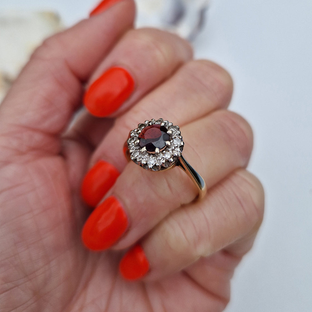 c1970's Vintage Garnet & Diamond Cluster