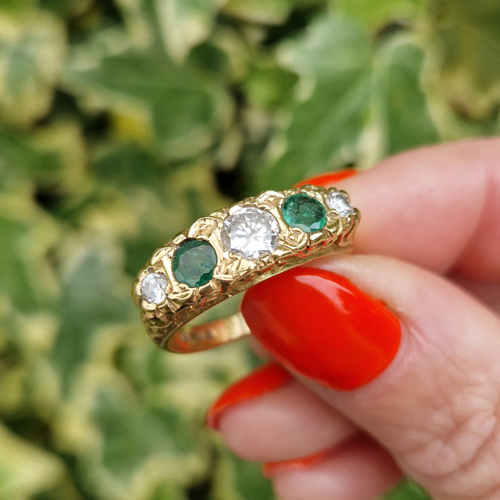 1978 Vintage Emerald & Diamond Five Stone Ring