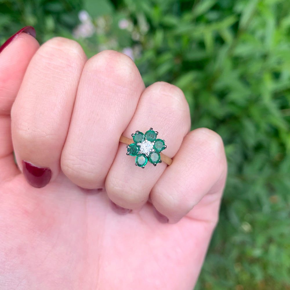 1971 Vintage Emerald & Diamond Floral Cluster Ring