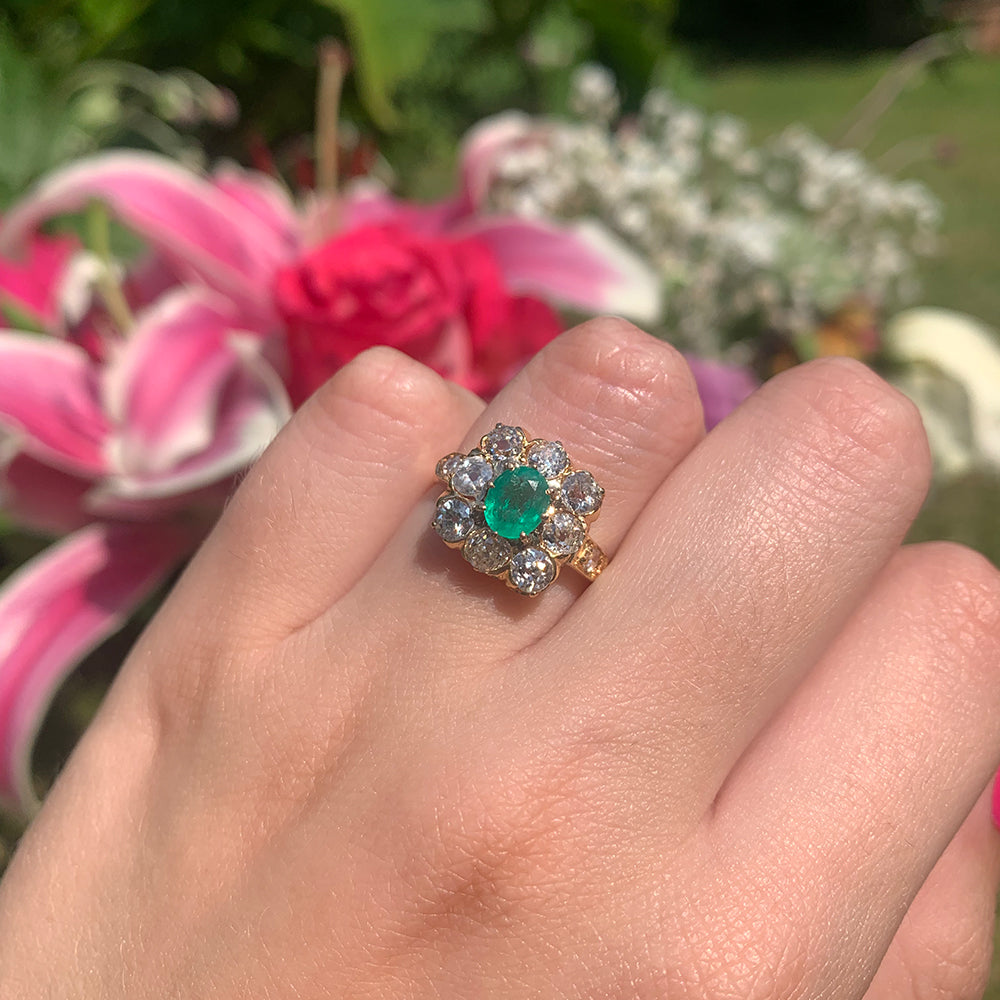 Vintage 0.75ct Emerald & 1.70ct Diamond Cluster Ring