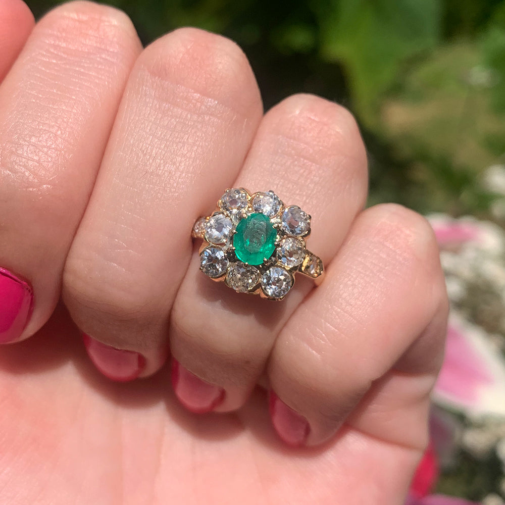 Vintage 0.75ct Emerald & 1.70ct Diamond Cluster Ring