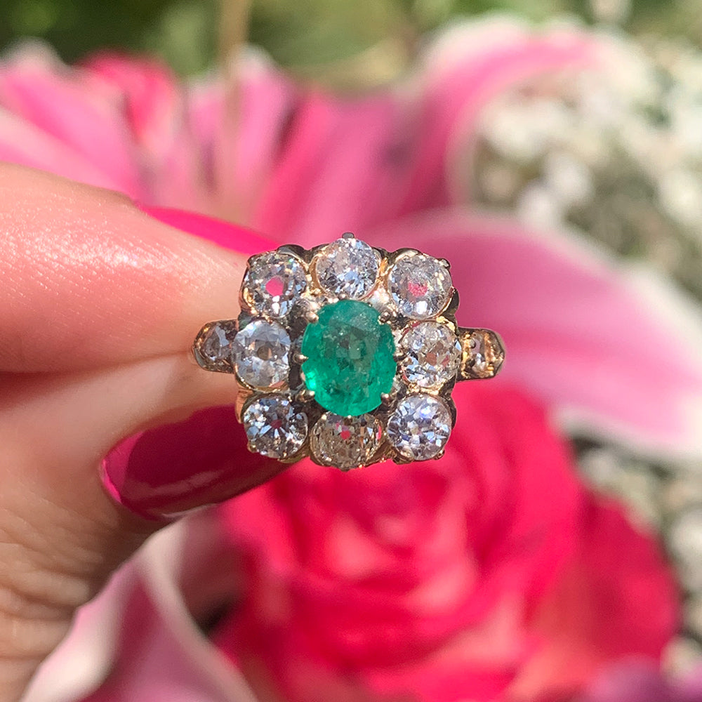 Vintage 0.75ct Emerald & 1.70ct Diamond Cluster Ring
