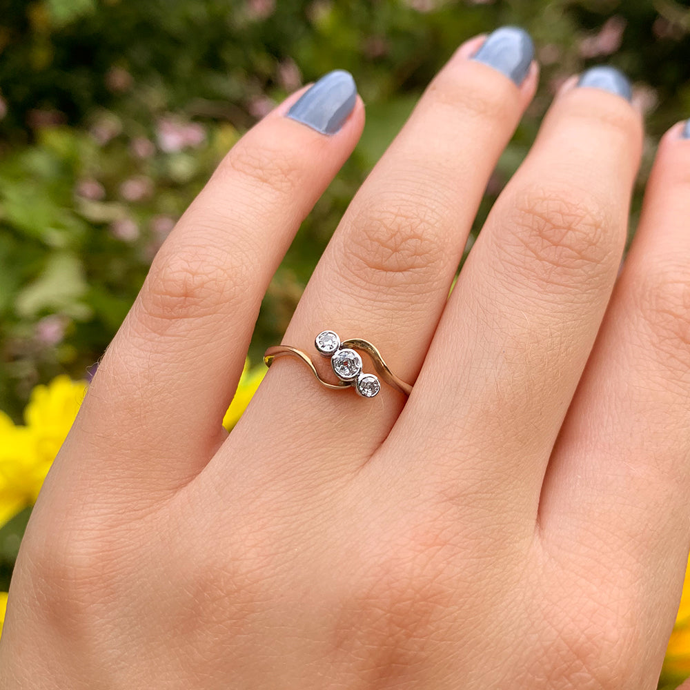 Antique Old European Cut Diamond Twist Trilogy Ring