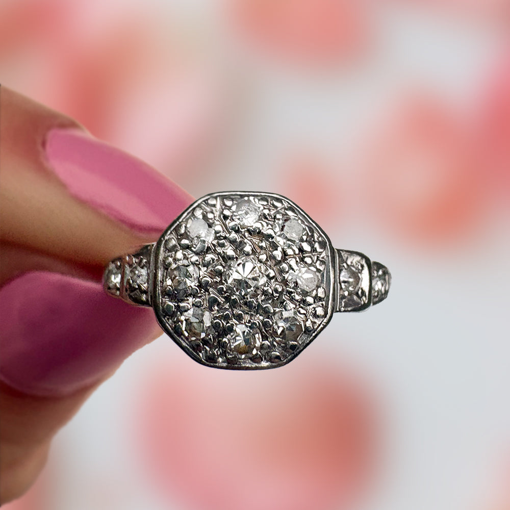 Antique Platinum Eight Cut Diamond Cluster Ring