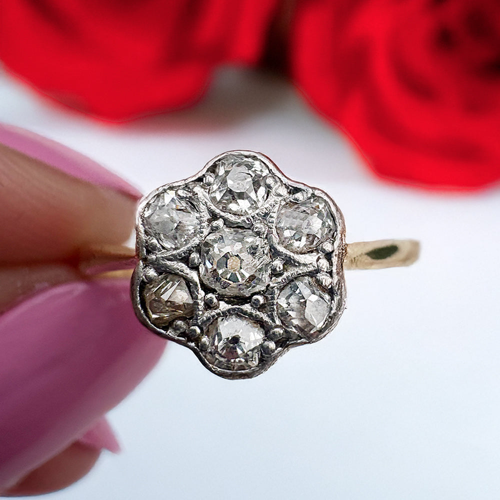 Antique Old European Cut Diamond Daisy Cluster Ring