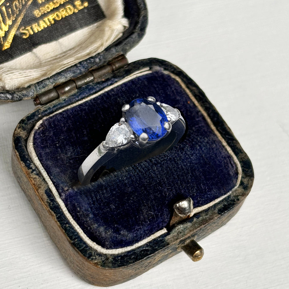 Vintage Platinum 1ct Sapphire & 0.60ct Diamond Trilogy Ring