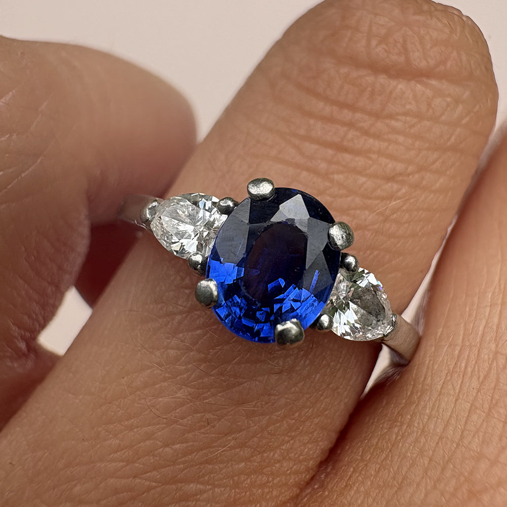 Vintage Platinum 1ct Sapphire & 0.60ct Diamond Trilogy Ring