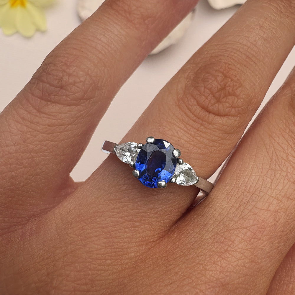 Vintage Platinum 1ct Sapphire & 0.60ct Diamond Trilogy Ring