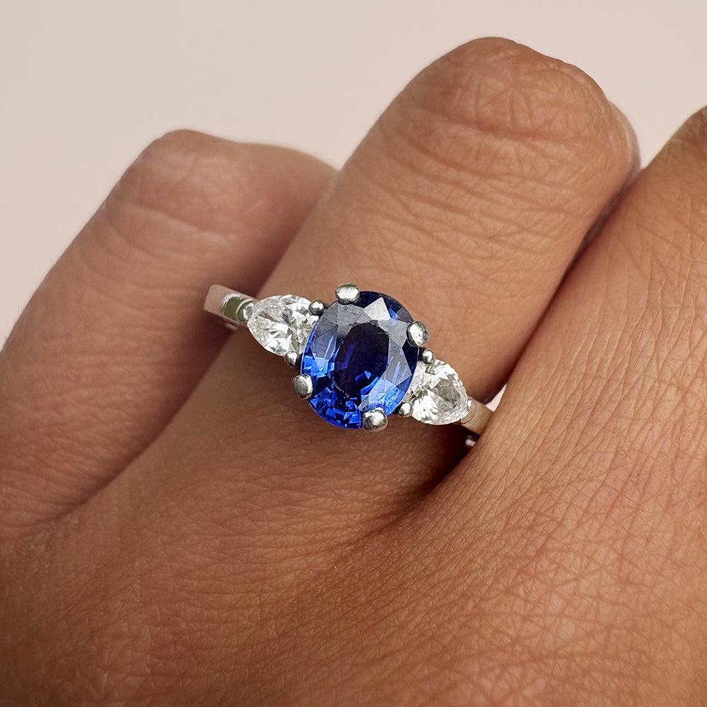 Vintage Platinum 1ct Sapphire & 0.60ct Diamond Trilogy Ring