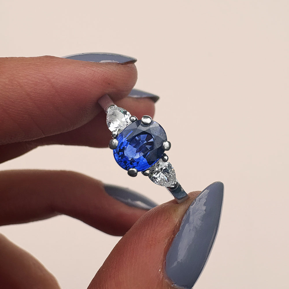 Vintage Platinum 1ct Sapphire & 0.60ct Diamond Trilogy Ring