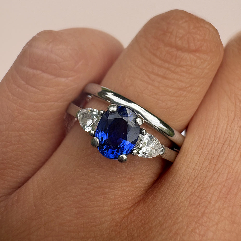 Vintage Platinum 1ct Sapphire & 0.60ct Diamond Trilogy Ring