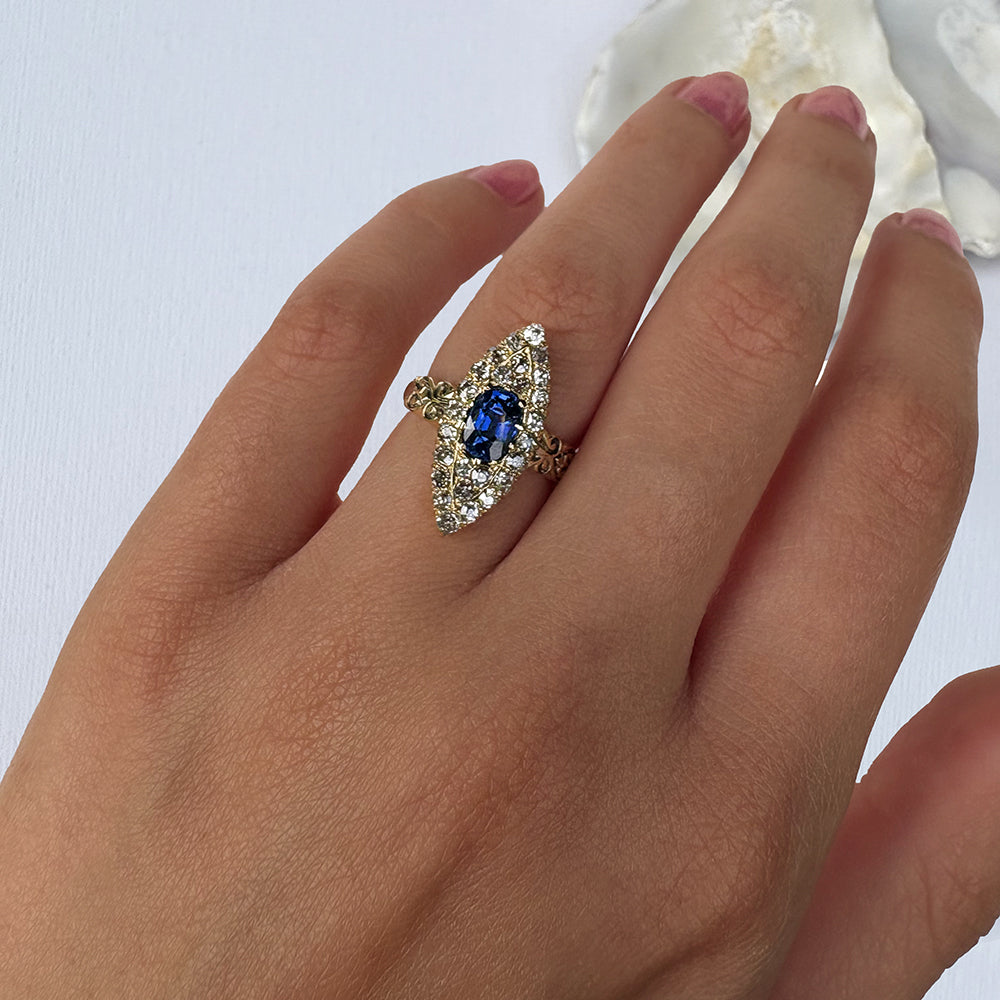 Vintage 1ct Sapphire & 0.75ct Diamond Marquise Cluster Ring