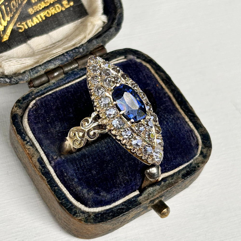 Vintage 1ct Sapphire & 0.75ct Diamond Marquise Cluster Ring