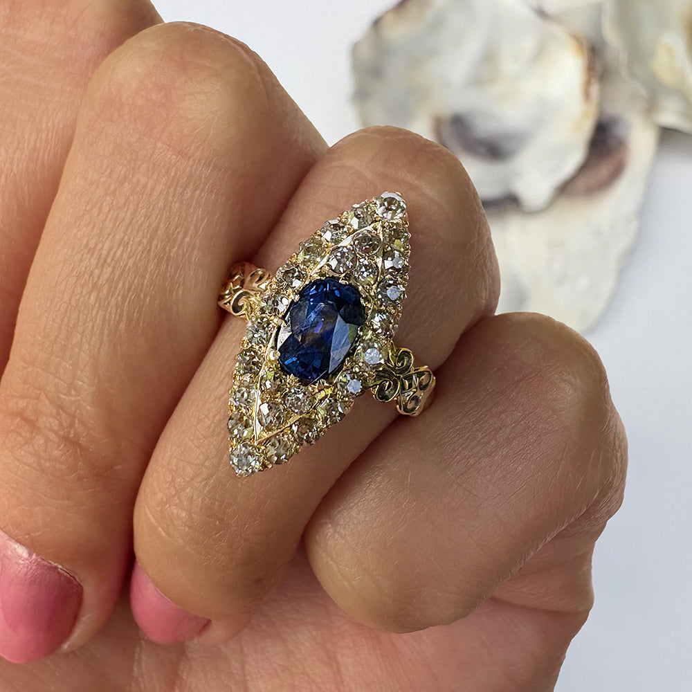 Vintage 1ct Sapphire & 0.75ct Diamond Marquise Cluster Ring